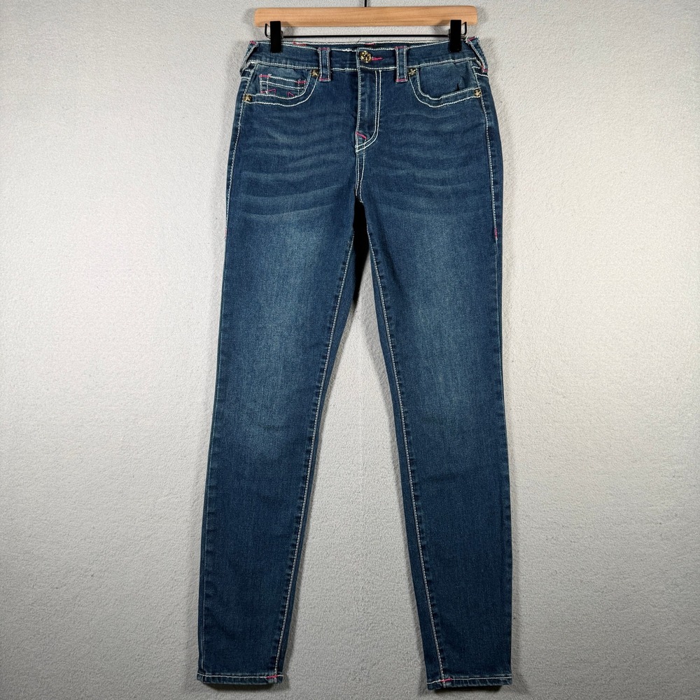 True Religion Halle High Rise Super Skinny Jeans Blue Pink Stitch 28 207327R4